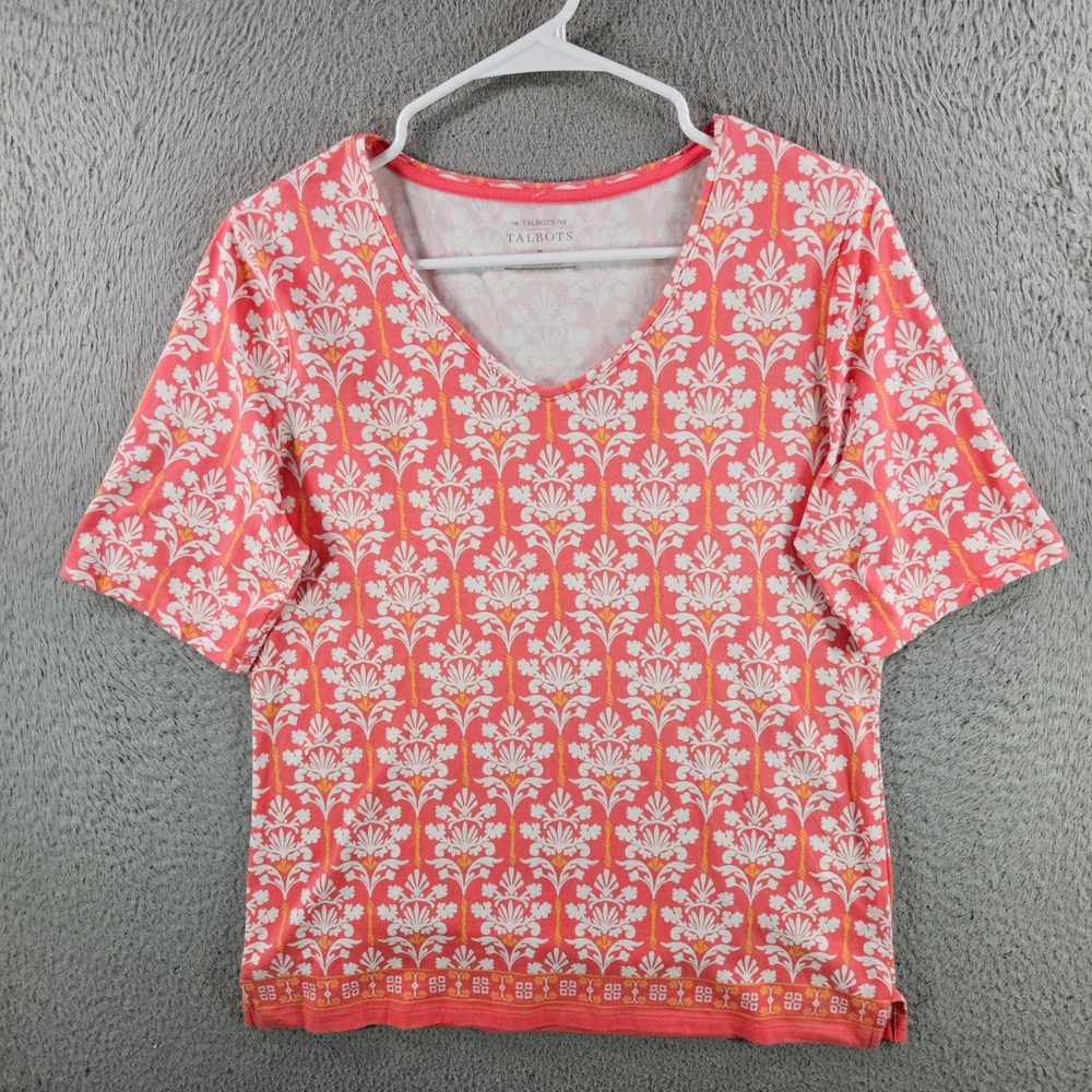 Talbots Tee Womens Medium Coral White Floral Damask V-Neck Short Sleeve Top